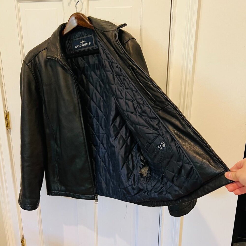 Vintage Dockers Men's L Quilted Soft Leather Iconic Bomber Jacket Coat Black - Picture 4 of 16